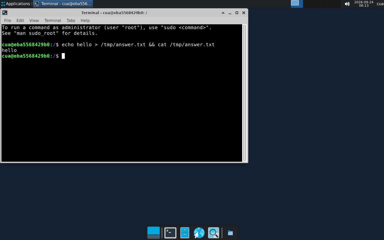 The task sandbox mid-task: a terminal writing hello to /tmp/answer.txt