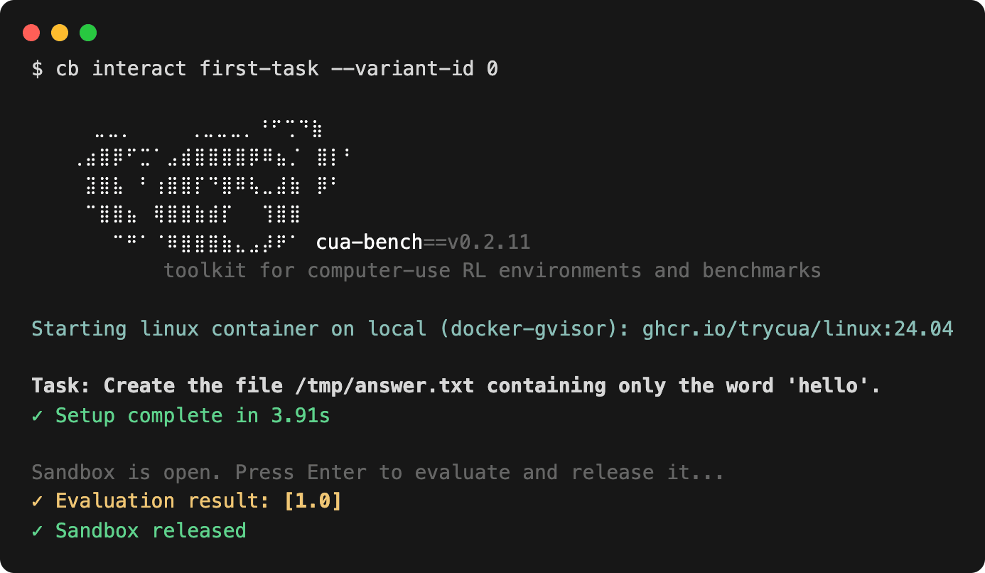cb interact: setup complete, evaluation result 1.0, sandbox released