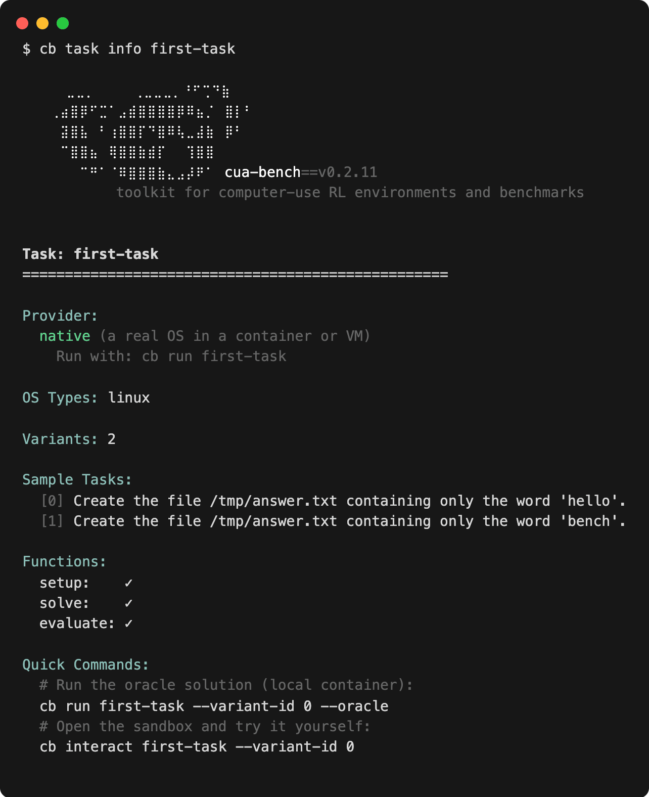 cb task info: a native Linux task with 2 variants and setup, solve and evaluate