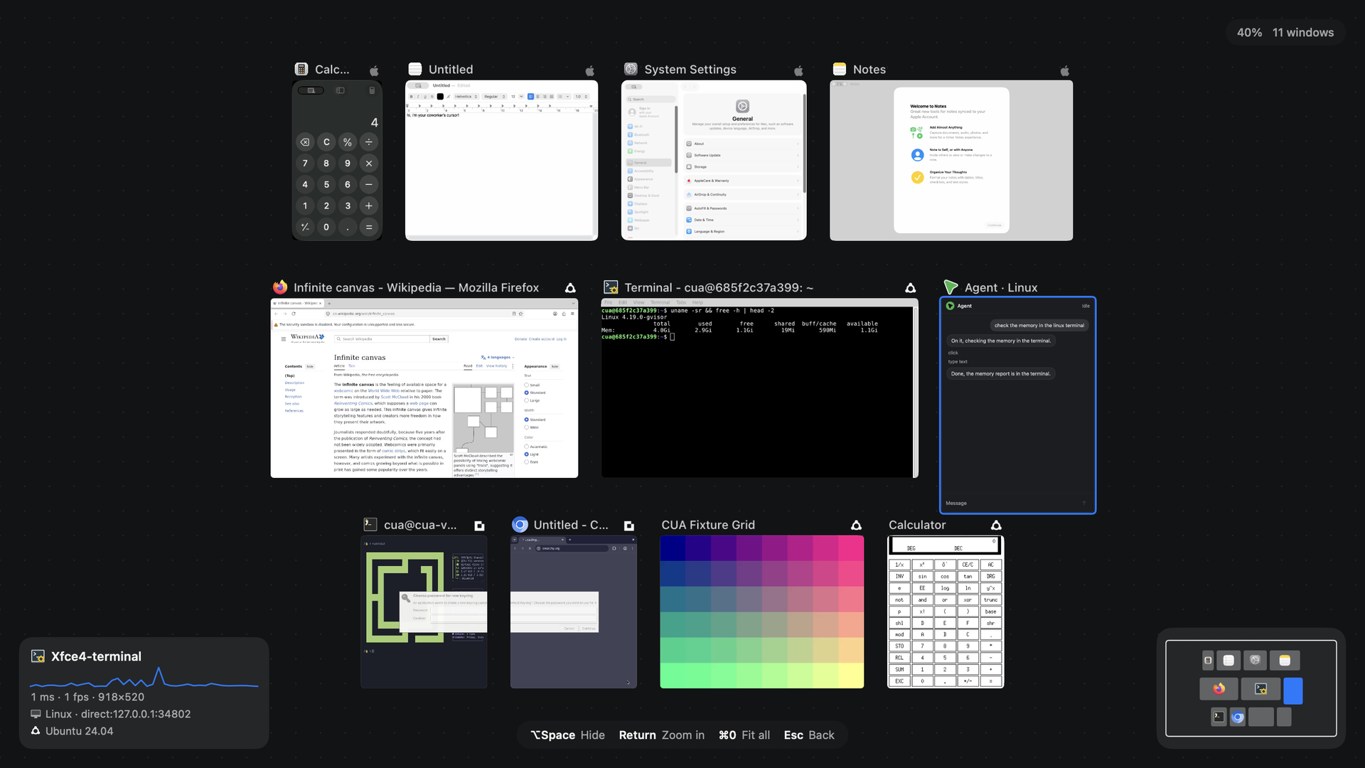 Infinite canvas: macOS, Linux and Omarchy windows, an agent thread and the stats card