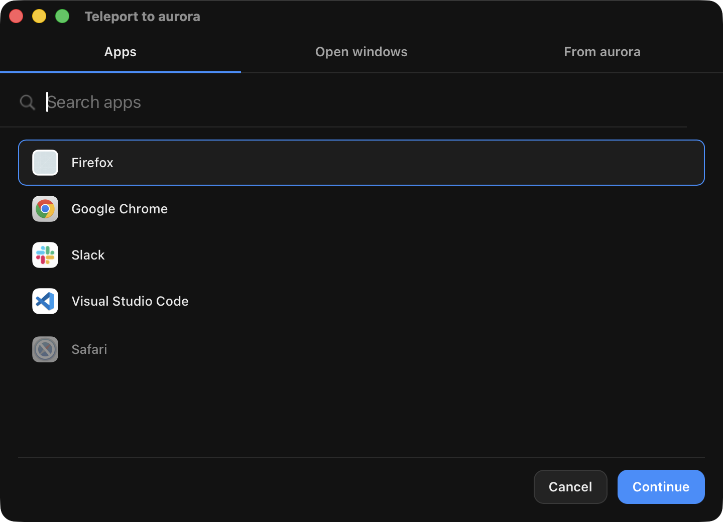 Teleport an app: the apps on this Mac, narrowed to an aarch64 Linux Space